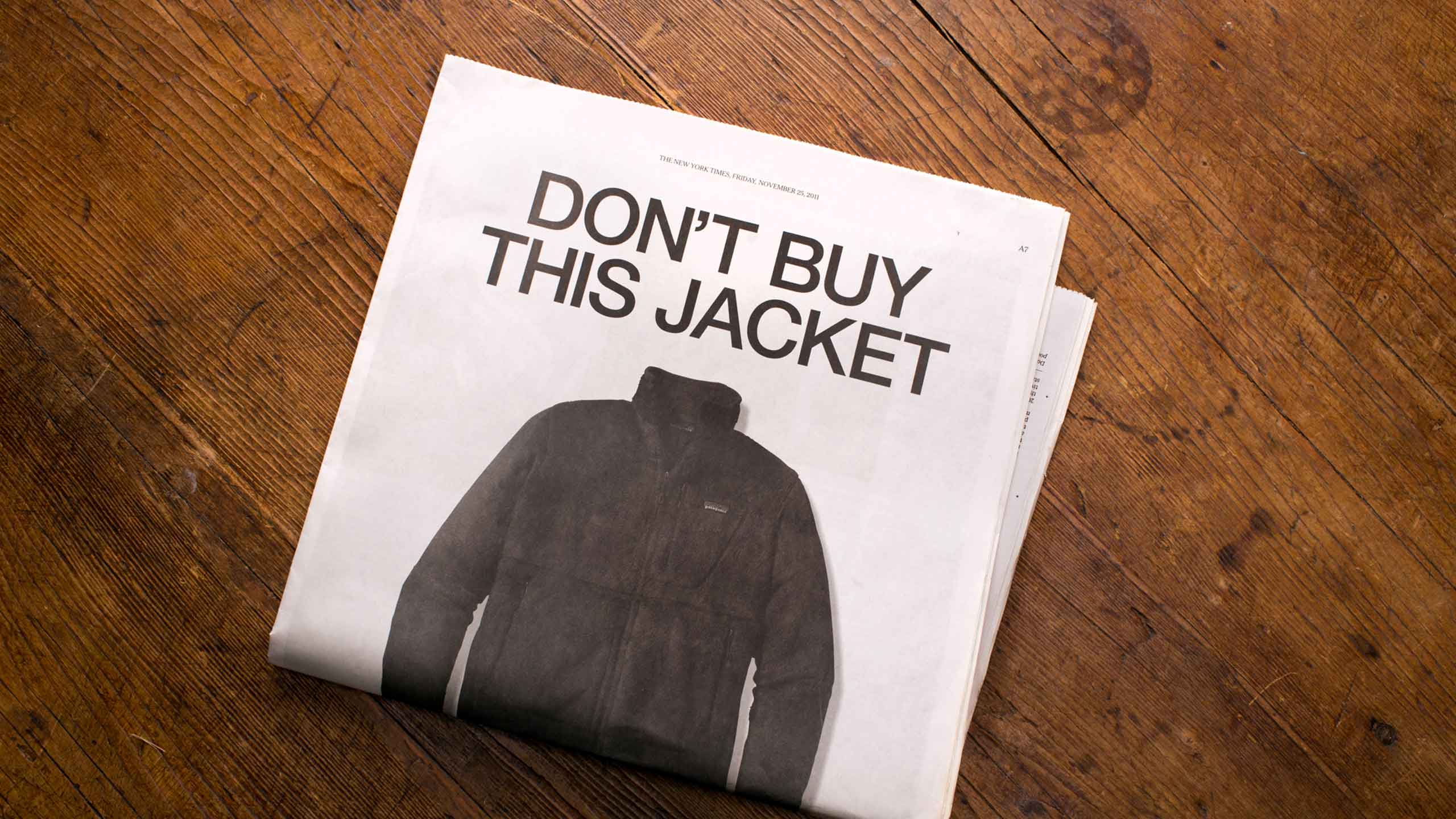 An image of the famous Patagonia Don't Buy This Jacket Ad from 2011