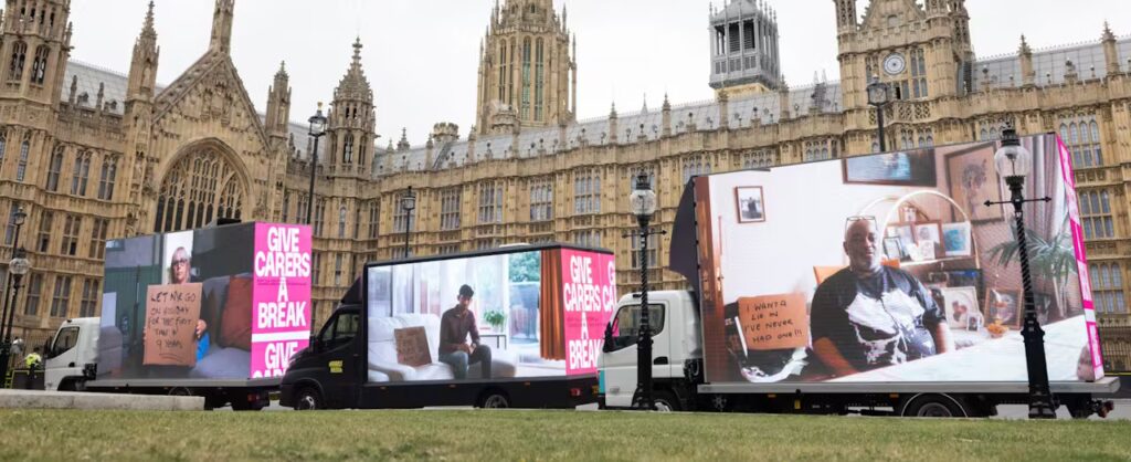 Carers with no time to fight for rights stream protest outside UK parliament